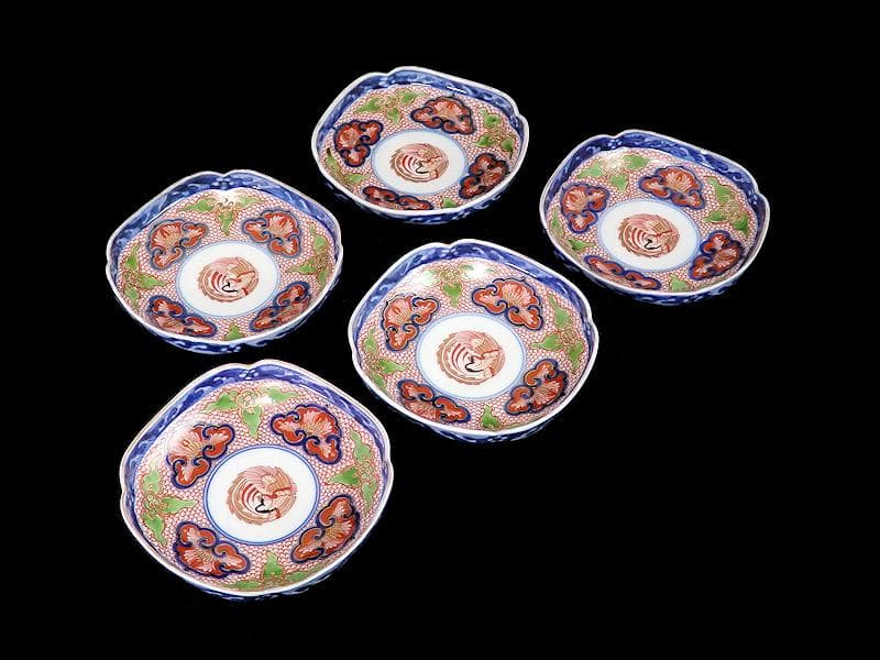 大聖寺伊万里　金襴手鳳凰に毘沙門亀甲紋の図　四方角皿　５枚B249AS-fbbg