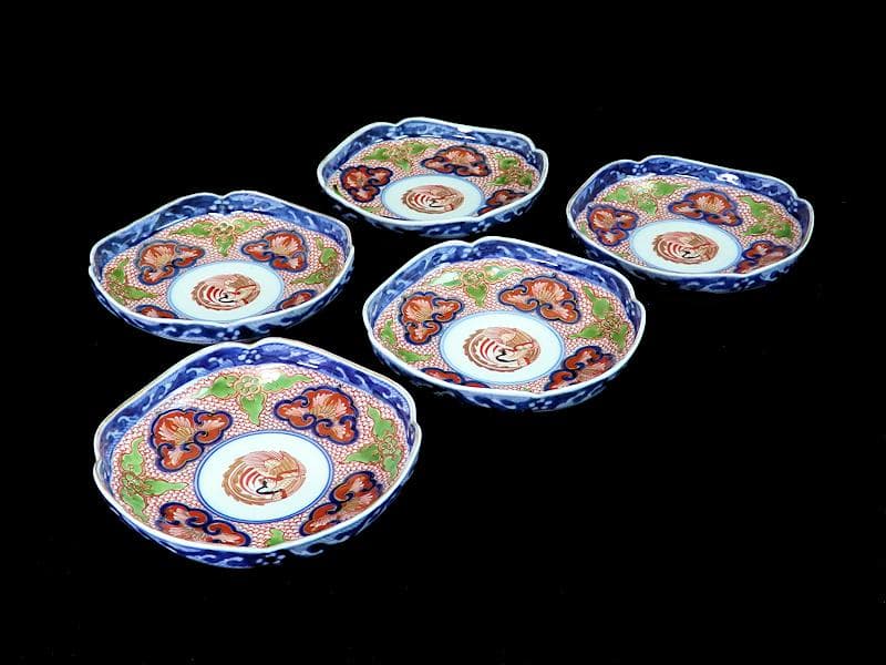 大聖寺伊万里　金襴手鳳凰に毘沙門亀甲紋の図　四方角皿　５枚B249AS-fbbg