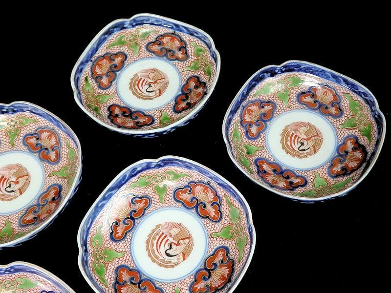 大聖寺伊万里　金襴手鳳凰に毘沙門亀甲紋の図　四方角皿　５枚B249AS-fbbg