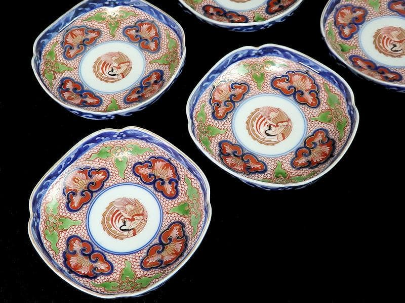 大聖寺伊万里　金襴手鳳凰に毘沙門亀甲紋の図　四方角皿　５枚B249AS-fbbg