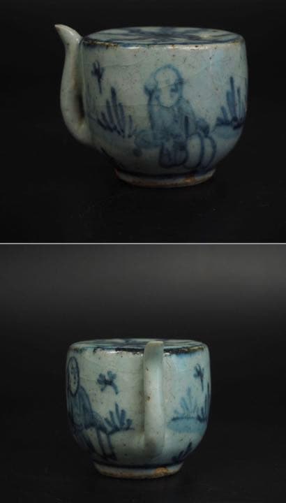 送料無料　旧家蔵出　朝鮮古美術 李朝染付水滴　木箱付