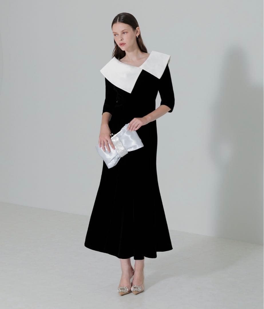 Leja 配色アシンメトリービッグカラーベロアマーメイドシルエットドレス　結婚式