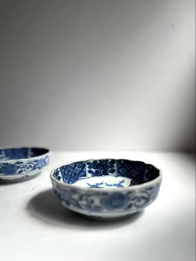 424 骨董 アンティーク 古伊万里 成化年製 染付 5寸輪花皿 2点組 幕末