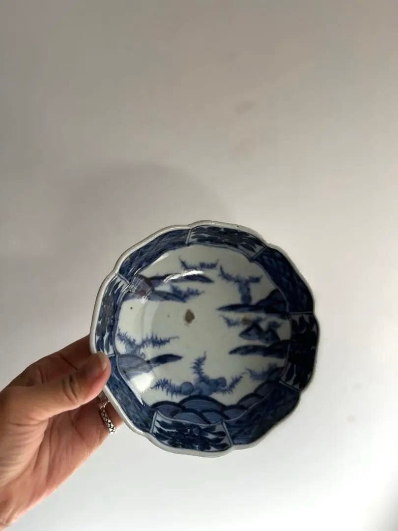 424 骨董 アンティーク 古伊万里 成化年製 染付 5寸輪花皿 2点組 幕末