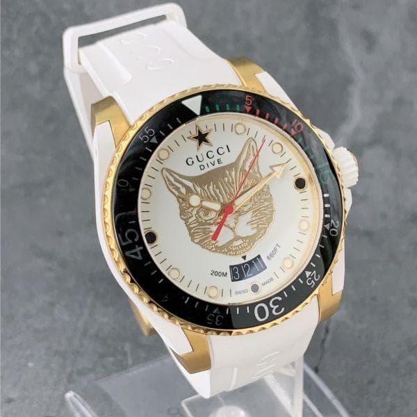 保証書付き グッチ/GUCCI ダイブ 猫 メンズ腕時計 デイト スイス ラバー