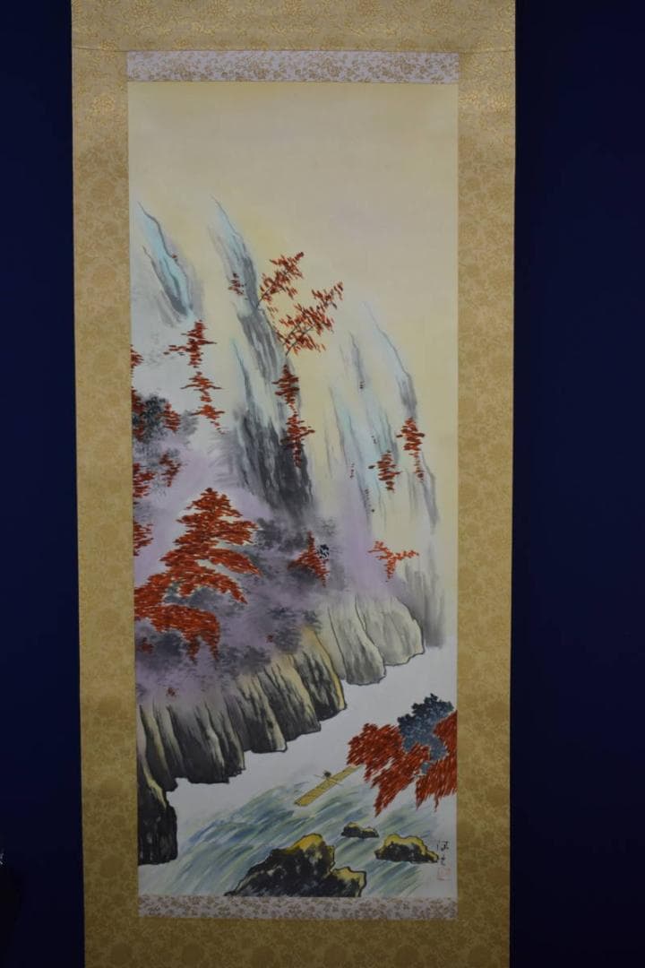 真作/海光/紅葉保津川下り図/筏下り/布袋屋掛軸HF-321