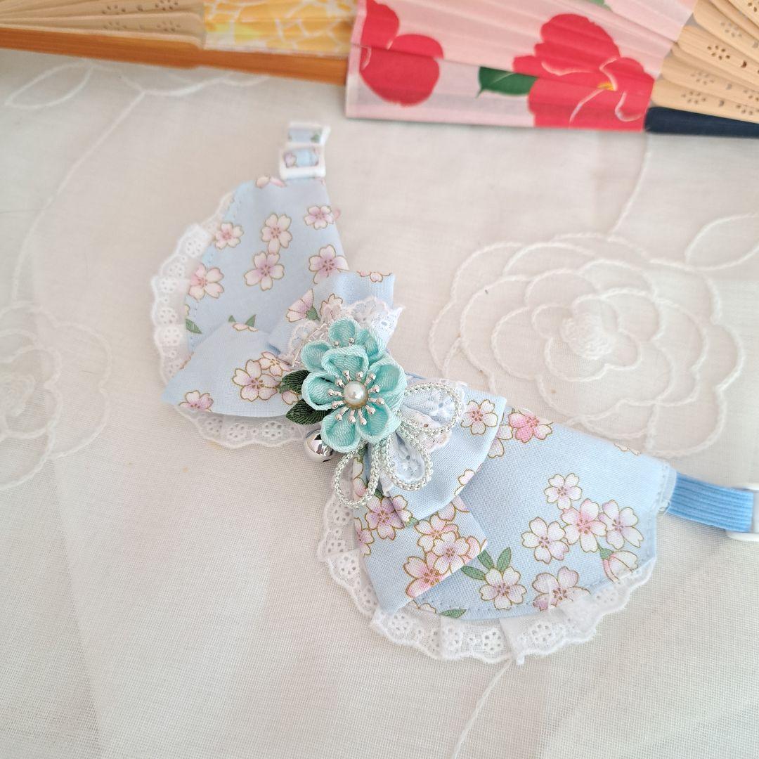 メルモママ、和風つまみ細工(薄水色)わんちゃん猫ちゃん用襟付き首輪