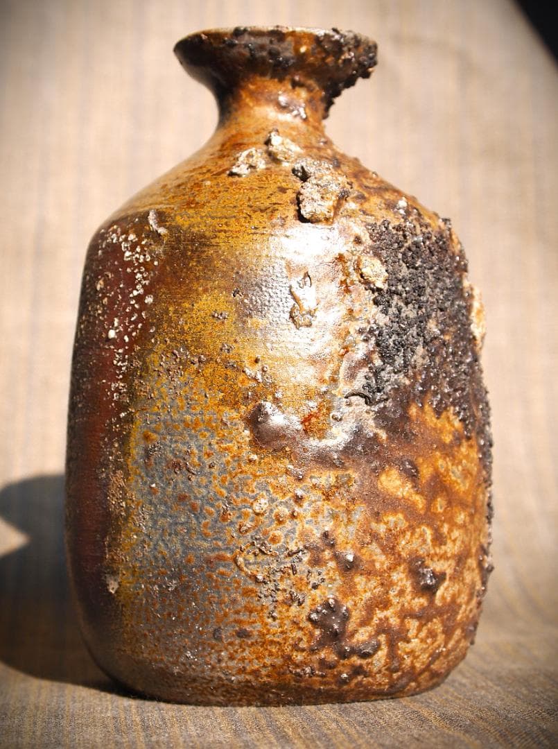 最上作★難波正巳★備前灰被り徳利★共箱★かせ胡麻