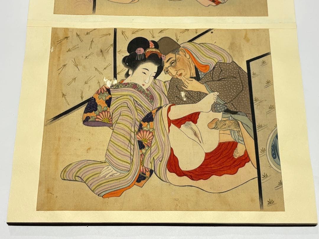「彩色絹本 春画帖」艶本 明治？大正？頃筆 1帖|和本 わじるし 枕絵