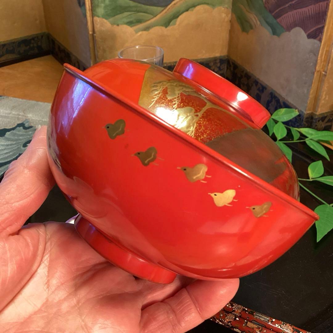 A902木製輪島塗　懐石道具　赤　古典風景蒔絵　　『塗師銘仁左衛門』　５客