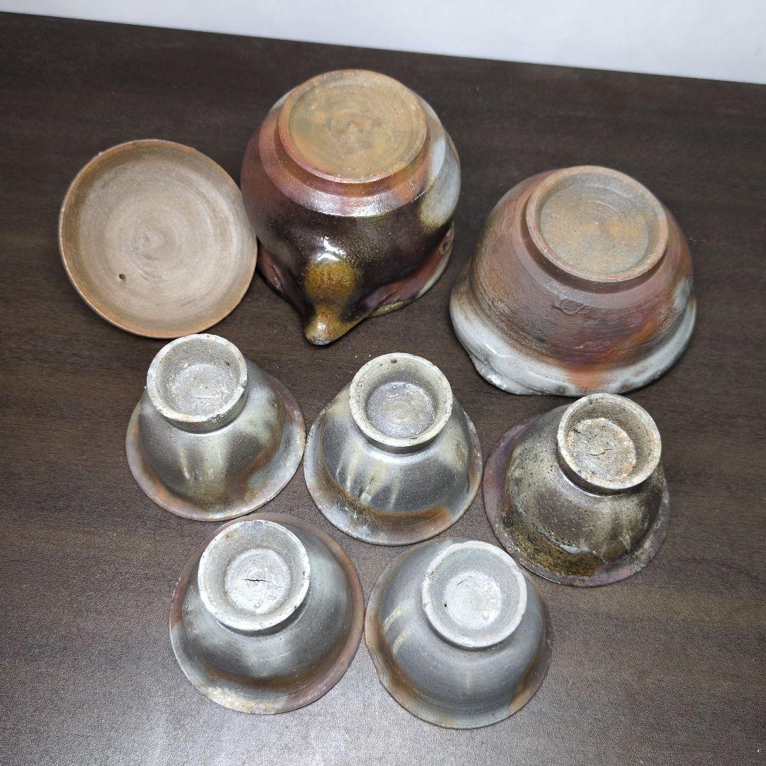 小野田賢一 作 備前 窯変 煎茶器(煎茶碗五客・湯冷まし・宝瓶) 共箱 煎茶道具