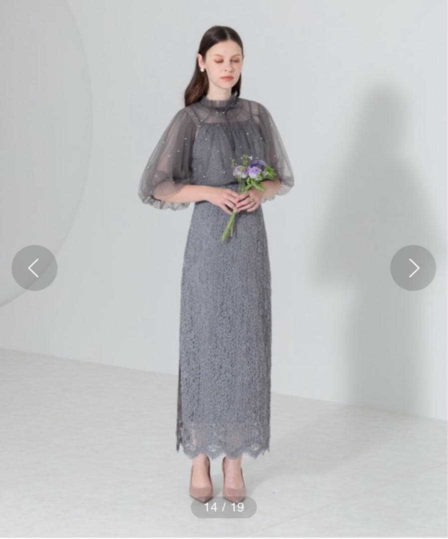 【LEJA】パール付きケープ風リボンパフスリーブボレロ刺繍レースキャミワンピ