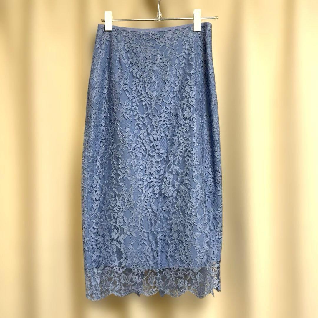 ユナイテッドアローズ　膝下丈タイトレーススカート　ブルー