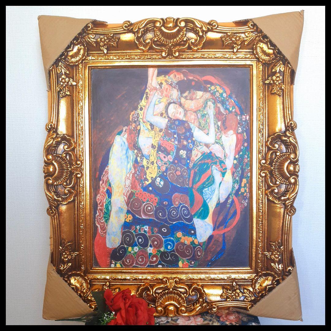 グスタフクリムト作画　TheMaiden　良質キャンバス　豪華　金箔額縁付