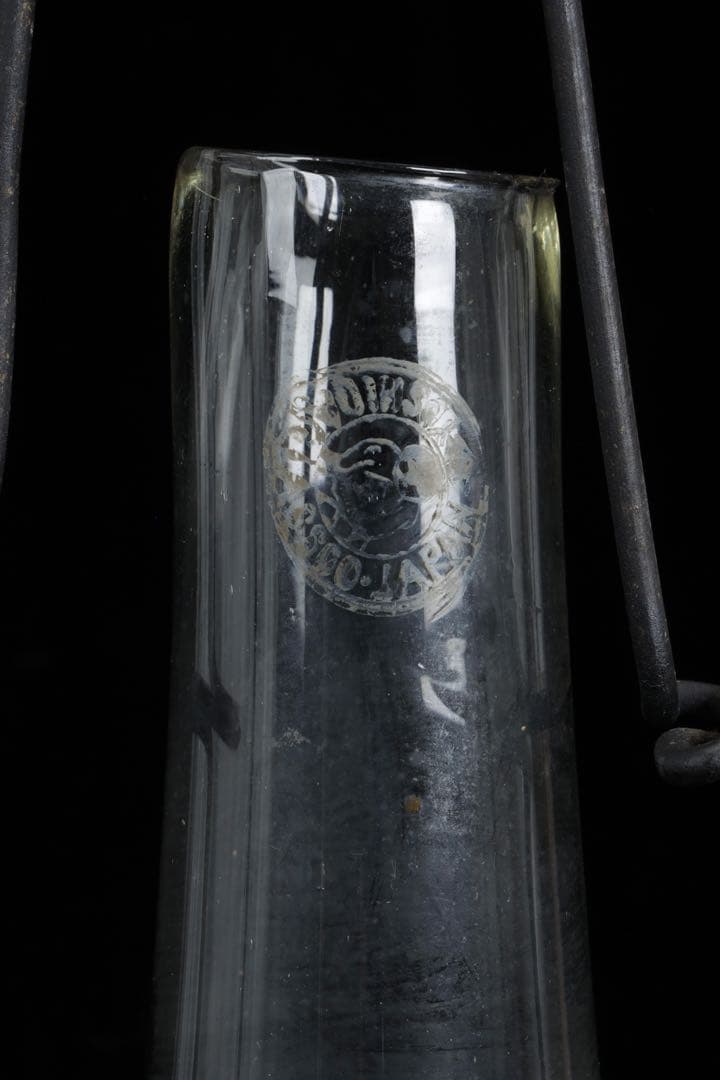 吊りオイルランプ 明治～大正期 水色縁乳白ガラス傘 大正ガラス 古美術 骨董品