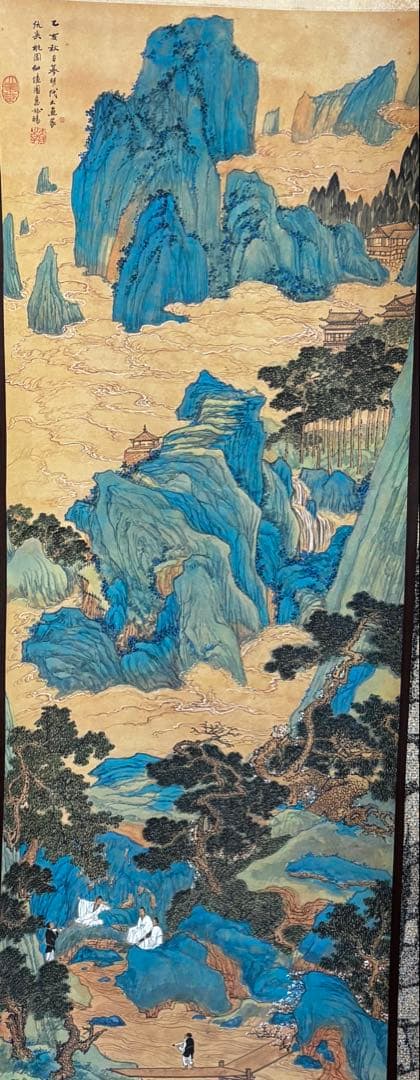 掛け軸　桃園仙境図 謝陽画　アート　中国　水墨画　青緑山水画　箱有　アンティーク