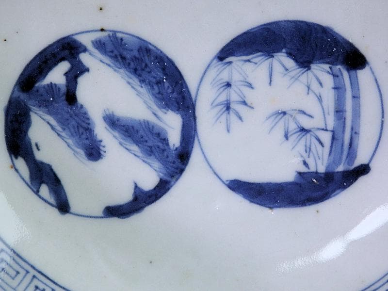 古伊万里　染付 丸紋に松竹梅の図　分銅型６寸皿　５枚　E674AS-CQl