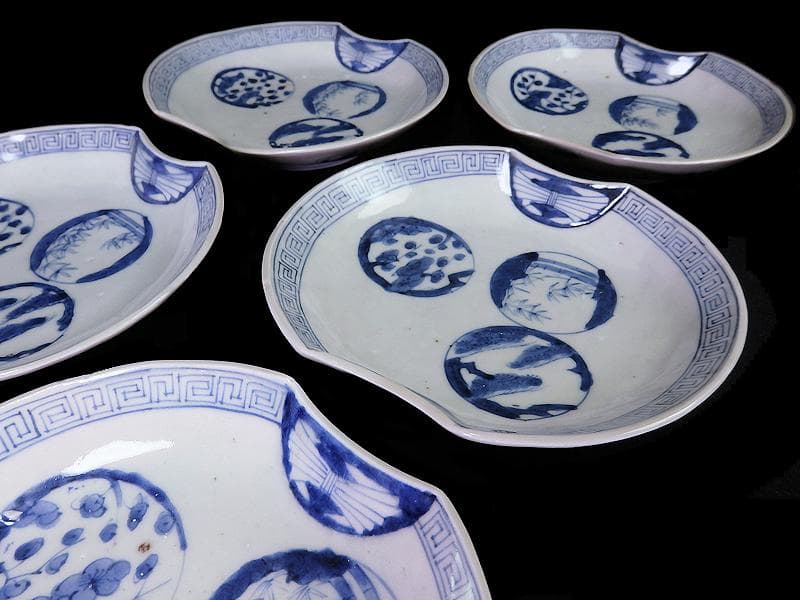 古伊万里　染付 丸紋に松竹梅の図　分銅型６寸皿　５枚　E674AS-CQl