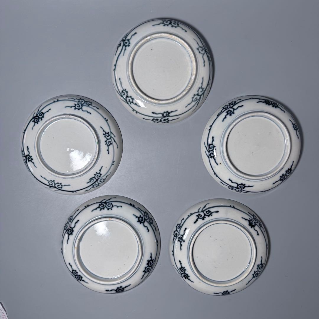 古伊万里　赤絵紅葉鹿文様五寸皿　5枚　金蘭手　丸文　裏鶴唐草文　直径15.4cm