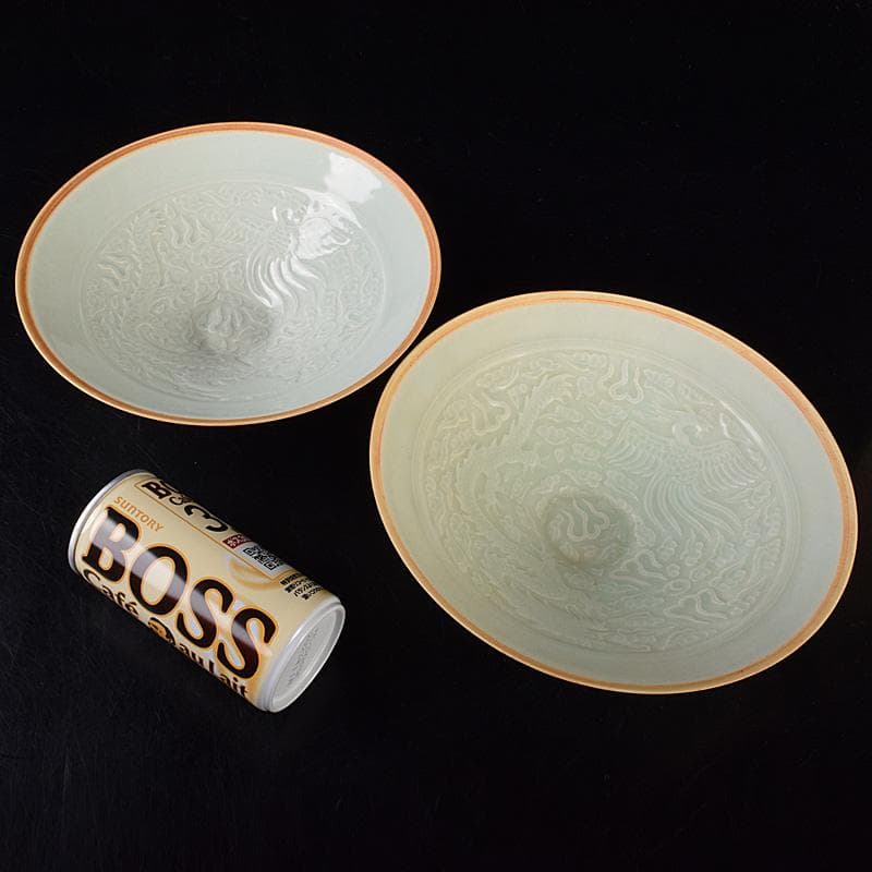 中国　影青　青白釉　陽刻　鳳凰雲龍文　鉢　2点　時代箱付　C　R7794