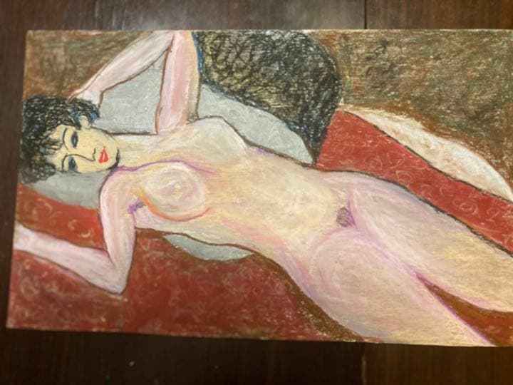 モジリアニの裸婦の模写、パステル画、額入り