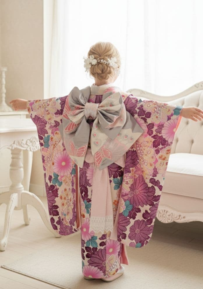 新品着物☆クリーム色大きな花模様☆作り帯フルセット