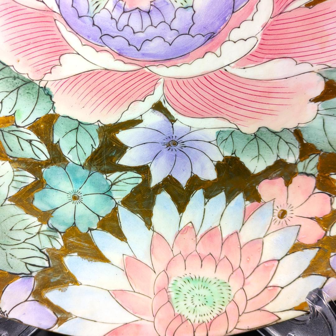 【豪華金彩に淡い色彩の牡丹桔梗】 花瓶＆飾皿セット 金彩手彩牡丹花文様