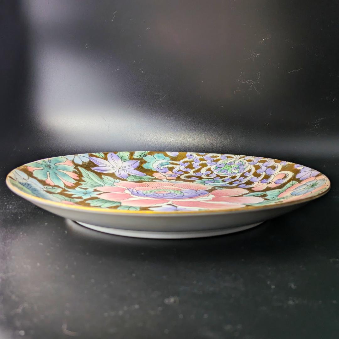 【豪華金彩に淡い色彩の牡丹桔梗】 花瓶＆飾皿セット 金彩手彩牡丹花文様