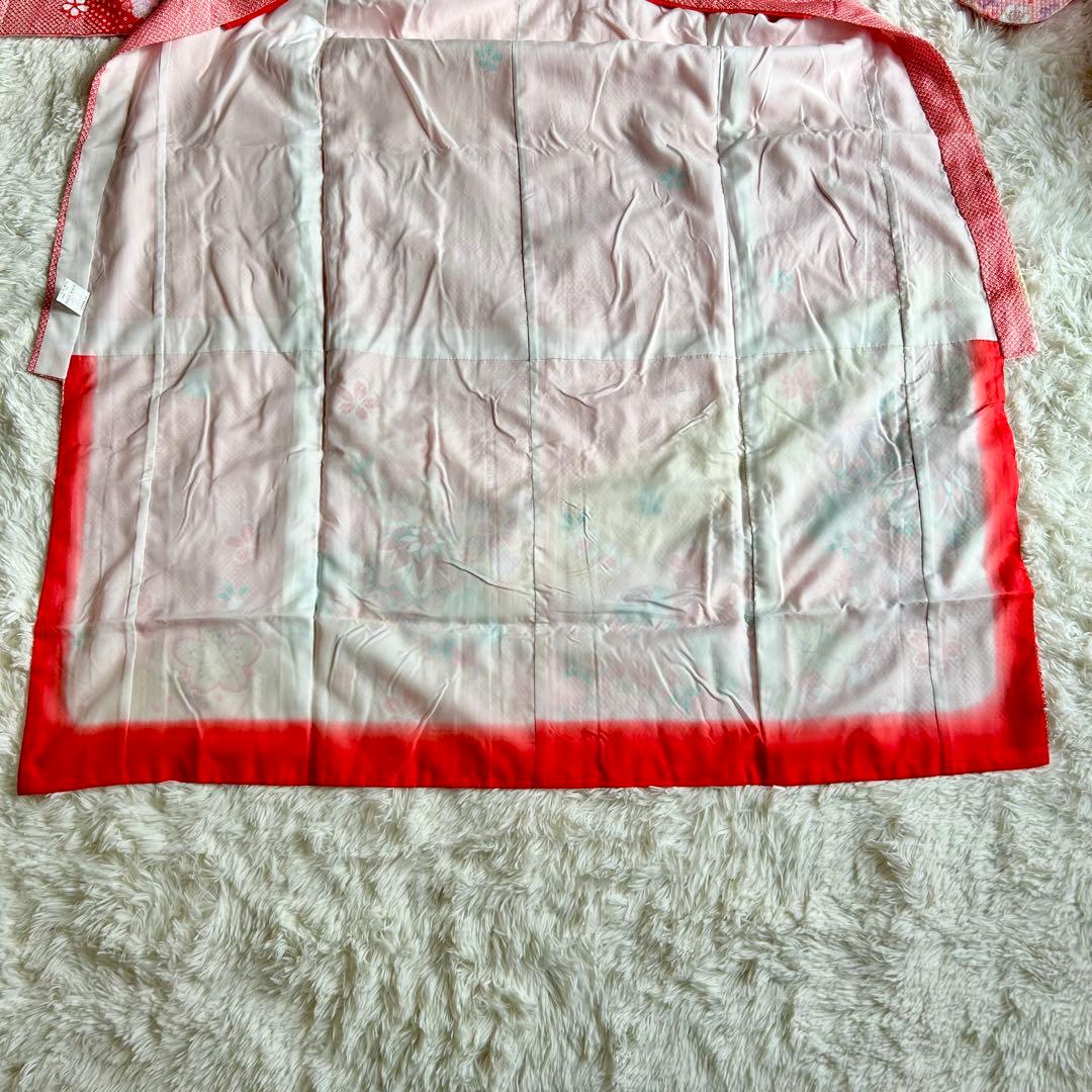 七五三 赤とピンクの花柄着物 作り帯 はこせこセット ７歳