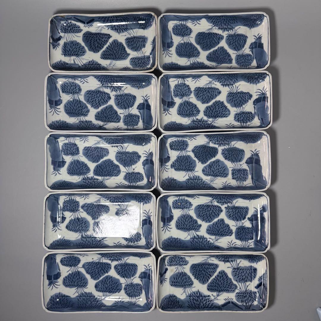 江戸中期　古伊万里　染付竹林文長皿　奇跡の十客！　笹葉部型紙摺　古美術　最高級器