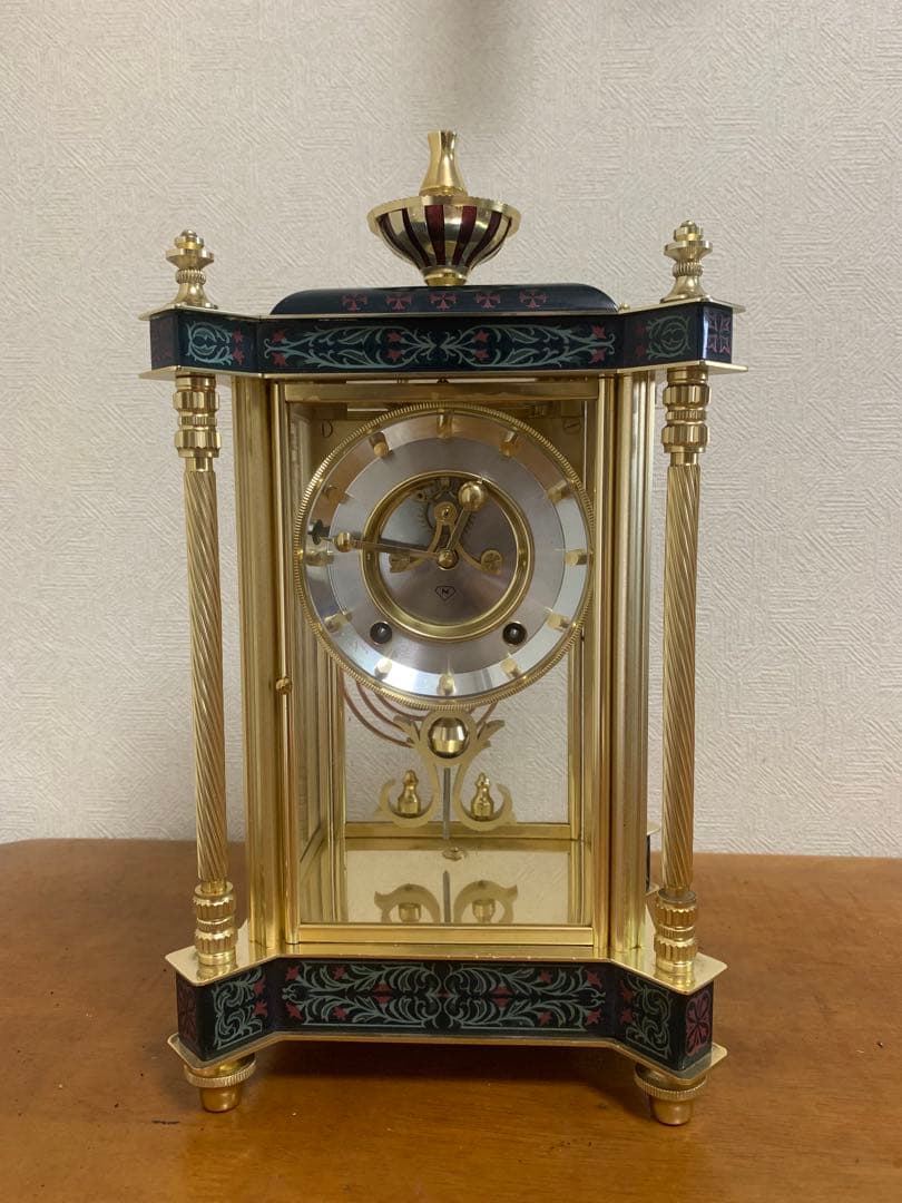 置時計 Nマーク 四面ガラス ゼンマイ式 振り子置時計 金属 日本美術時計