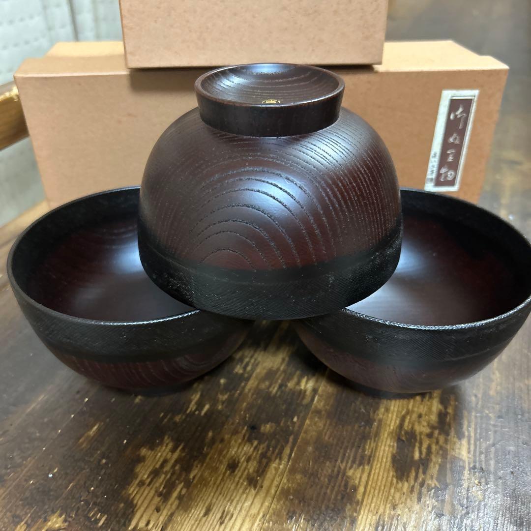 喜八工房　欅溜布張　4.0背高汁椀　3客　山中漆器