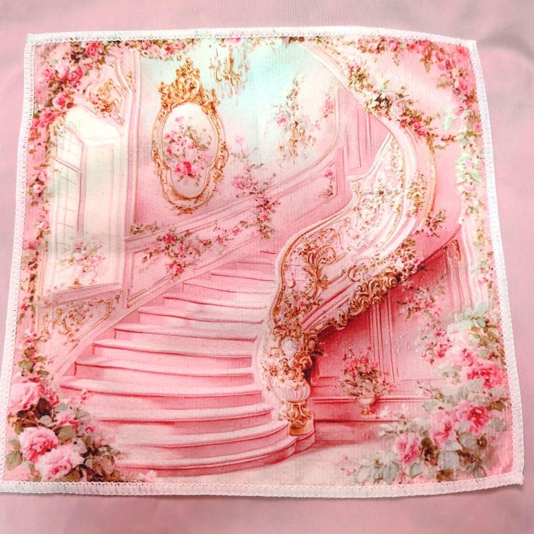 ロココ調　宮殿　ピンクの階段デザインタオルハンカチ