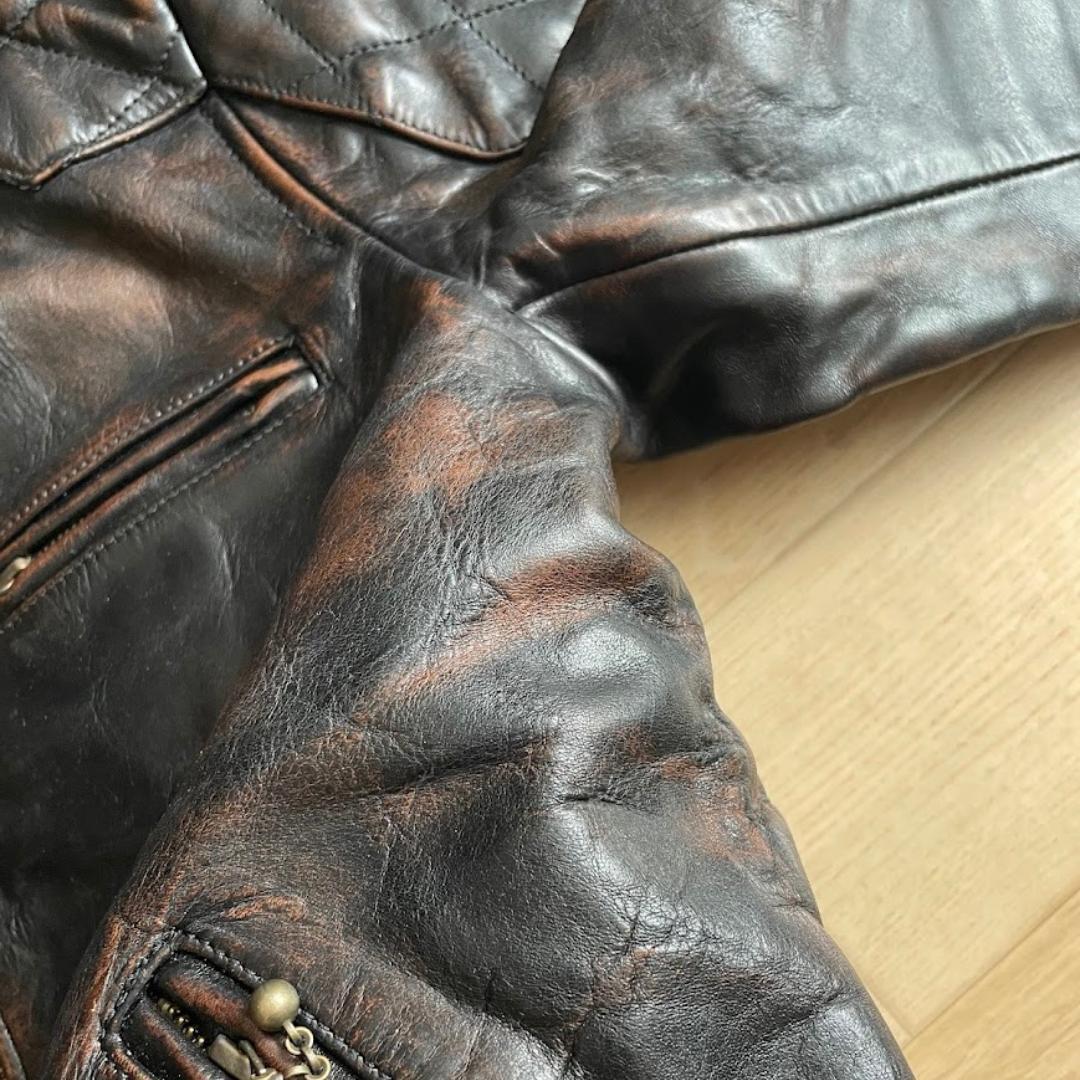 シングルライダース 牛革 本革 レザージャケット 黒 茶 Lサイズ 中国製 古着