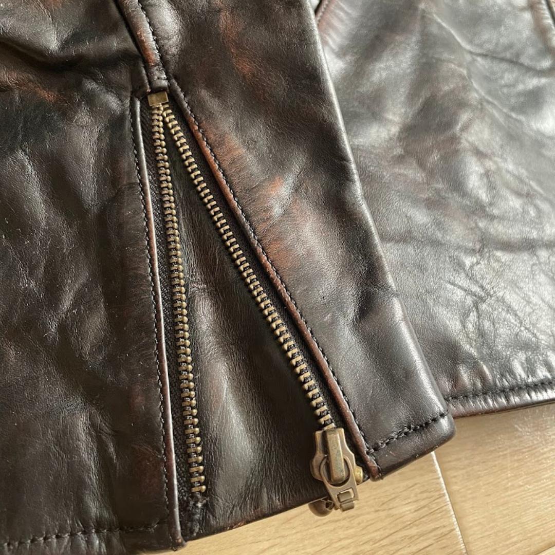 シングルライダース 牛革 本革 レザージャケット 黒 茶 Lサイズ 中国製 古着