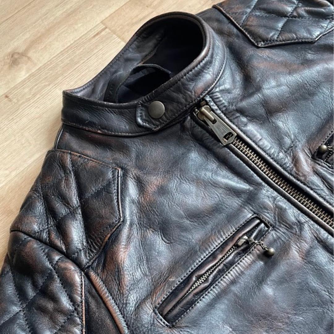 シングルライダース 牛革 本革 レザージャケット 黒 茶 Lサイズ 中国製 古着