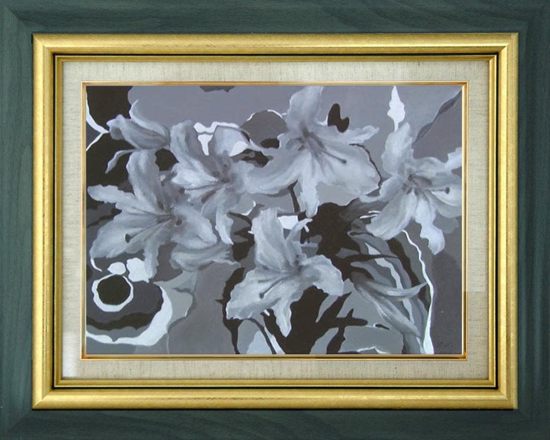 油絵 菅家令子 絵 絵画インテリア額付(青緑＋金色の枠) F6-070101 花