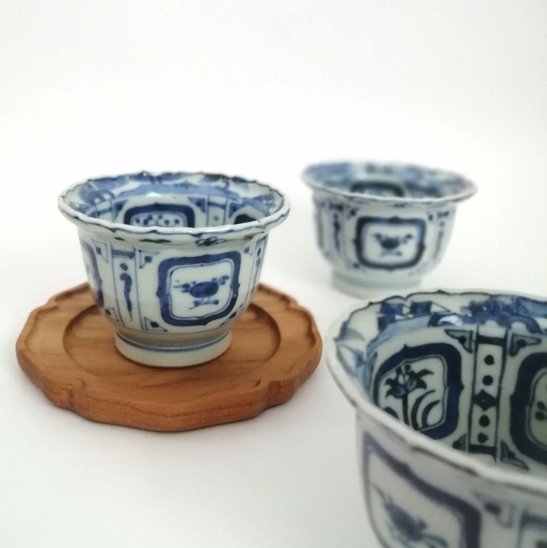 古伊万里　宣徳年製　染付　芙蓉手人物文　鍔縁小向付　3客組