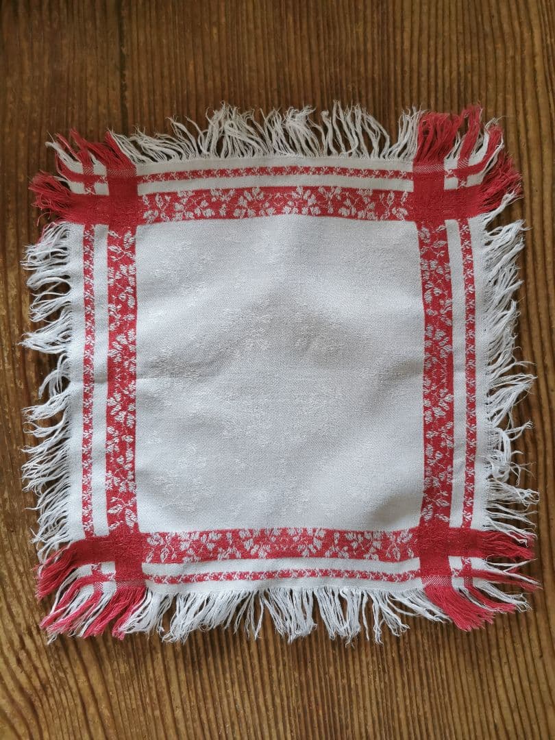 アンティーク フランス ダマスク織レッドリネンクロス 三つ葉のリーフモチーフ