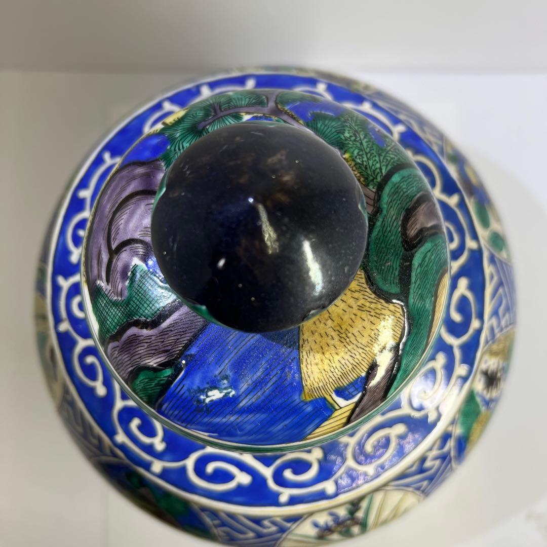 江戸後期　青九谷　特大沈香壷　木箱付　高さ約45㎝　東Y7-1209☆2Fタルサ