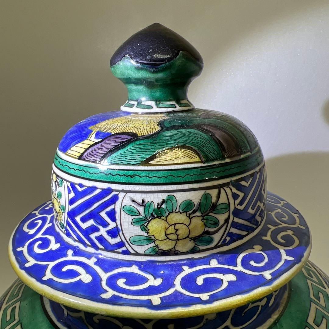 江戸後期　青九谷　特大沈香壷　木箱付　高さ約45㎝　東Y7-1209☆2Fタルサ