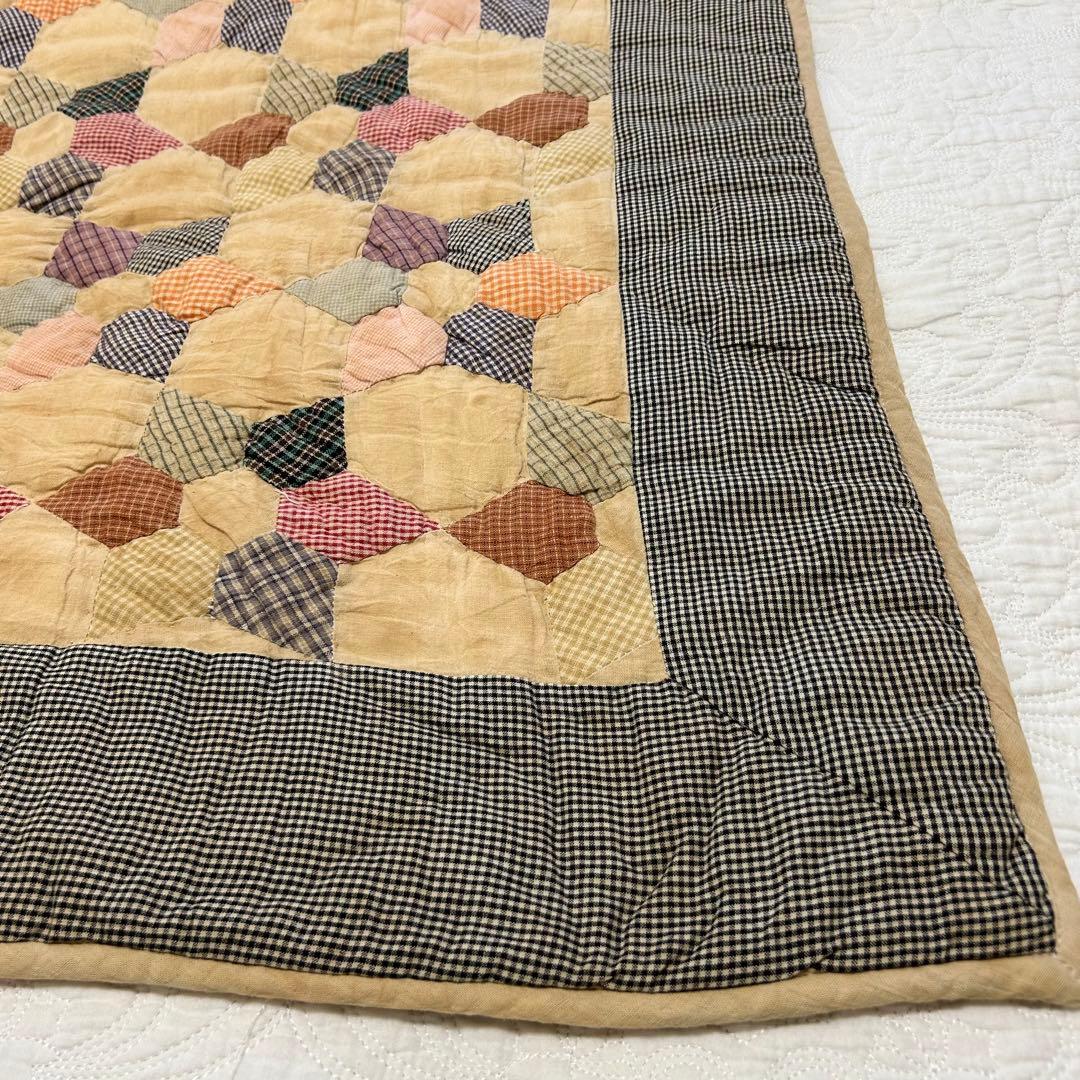 美品【アンティーク コットンキルト長方形】六角形パッチワーク【プレ付】アメリカン