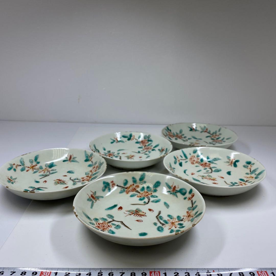 中国明時代　南京赤絵中皿5枚　木箱付　直径15㎝　東Y7-0210☆2Fトヒチサ