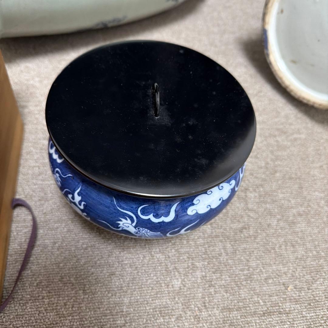 蓋付き陶器容器 青白雲模様 木箱付き　水差し　染付　龍　中国　骨董品
