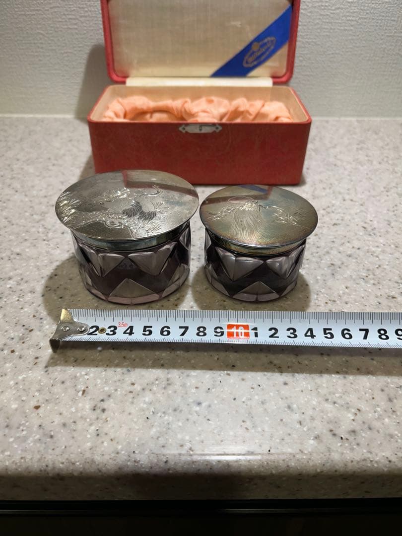 昭和レトロ　アンティーク切り子紫ガラスと銀色の蓋のセット三越