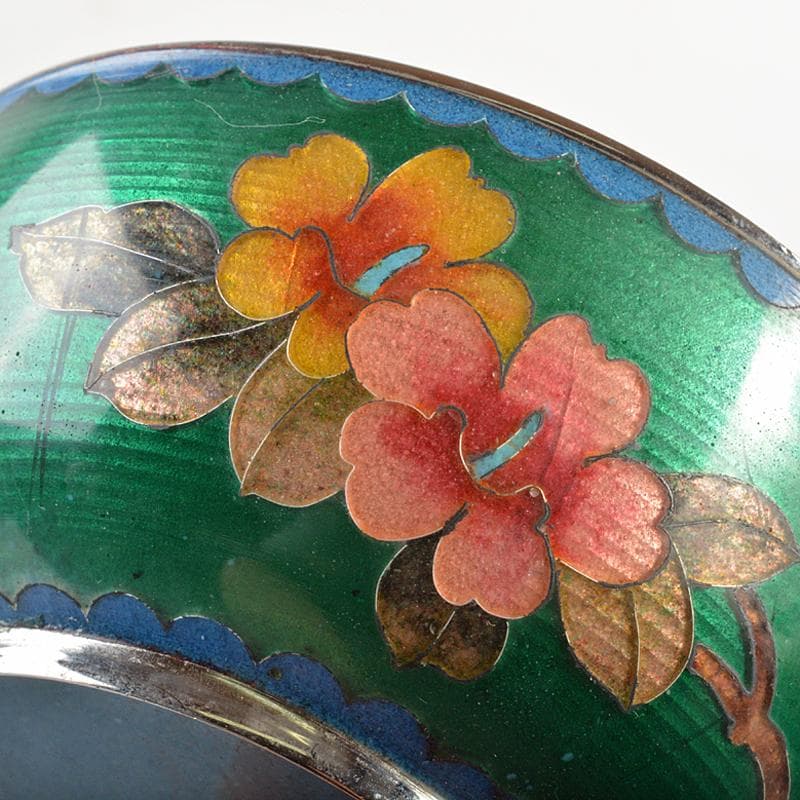 中国　古七宝　緑透釉　銀線象嵌　花蝶文　小鉢　唐木台付　M　R6842