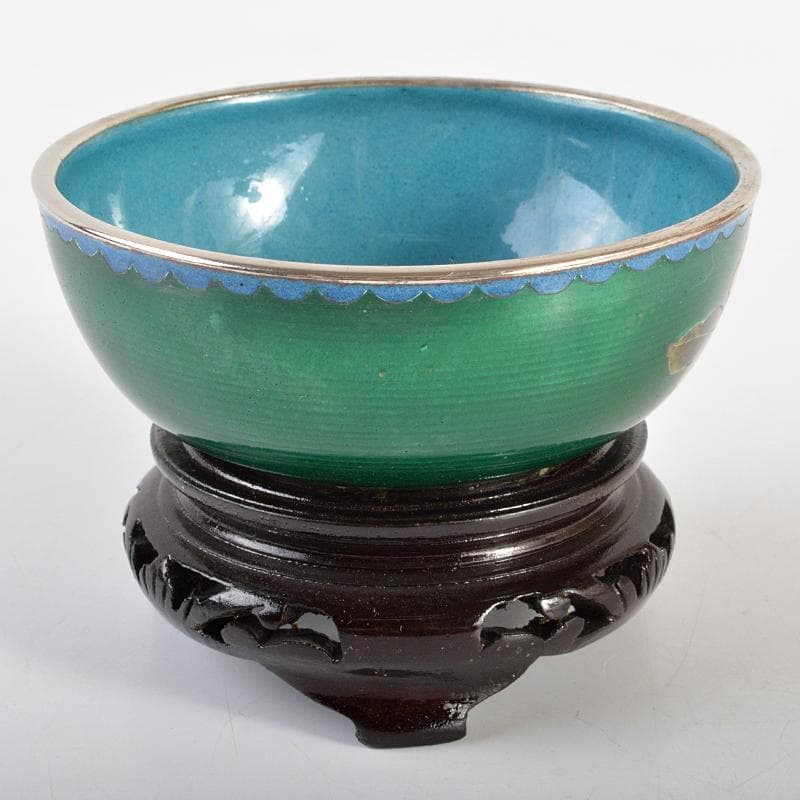 中国　古七宝　緑透釉　銀線象嵌　花蝶文　小鉢　唐木台付　M　R6842