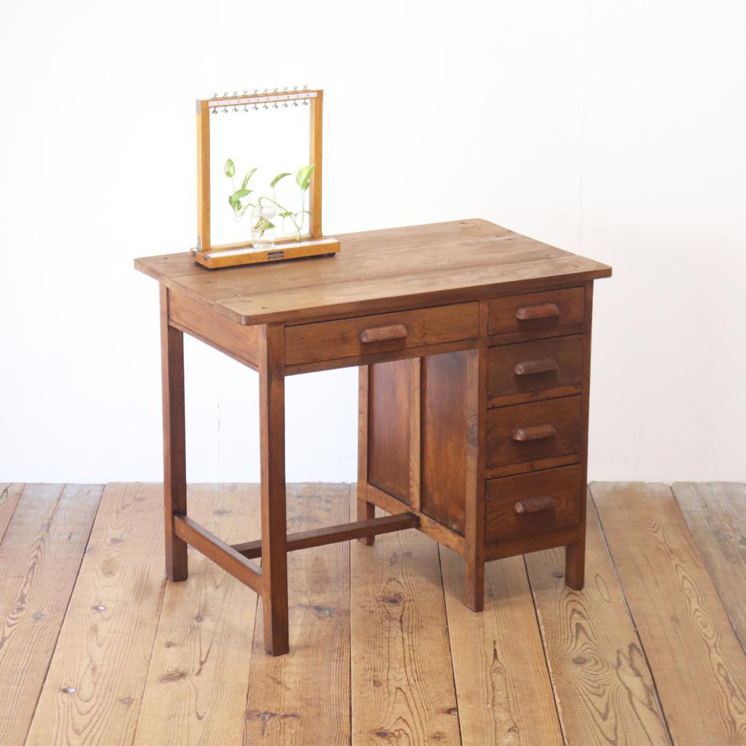 レトロ 片袖デスク 机 書斎 作業台 引き出し 抽斗 5杯 木製 古道具