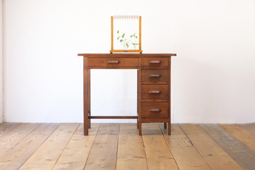 レトロ 片袖デスク 机 書斎 作業台 引き出し 抽斗 5杯 木製 古道具