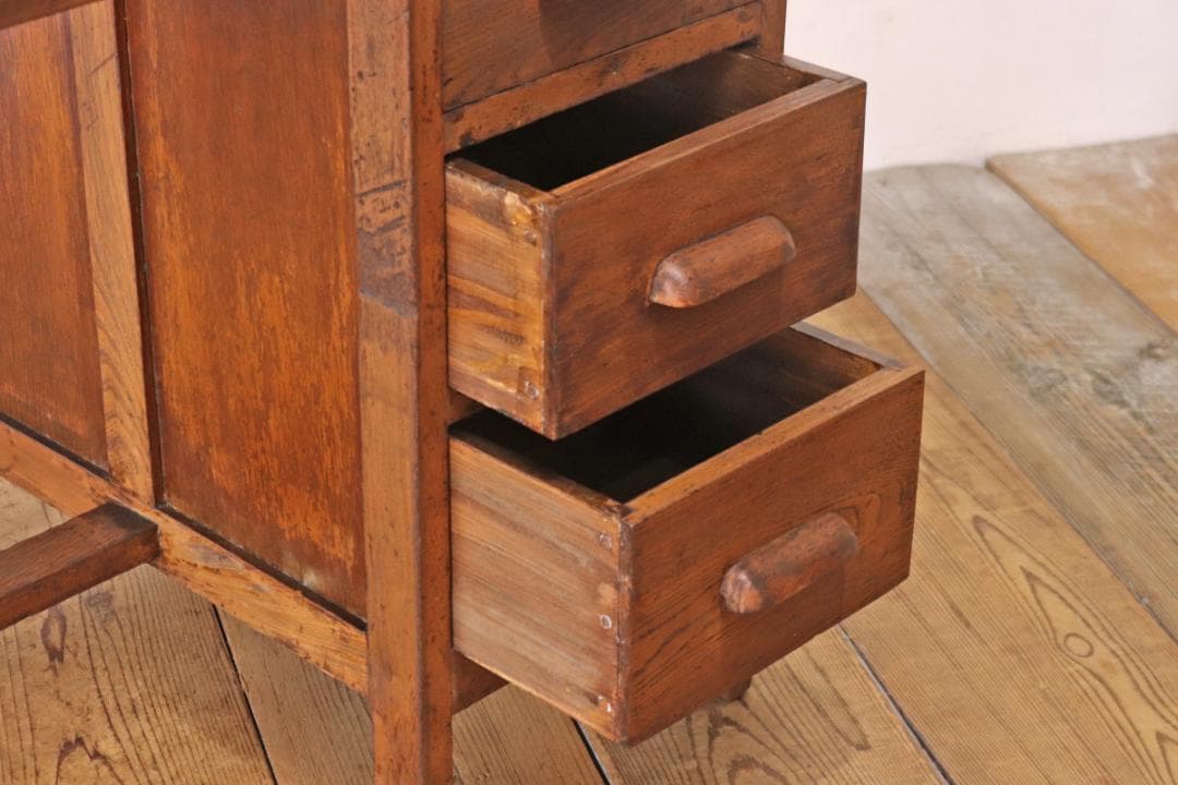 レトロ 片袖デスク 机 書斎 作業台 引き出し 抽斗 5杯 木製 古道具